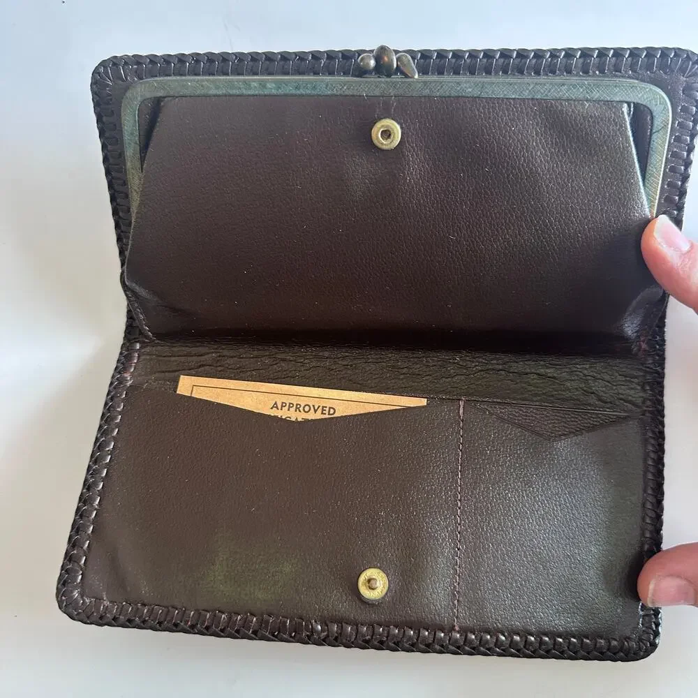 Vintage Brown Calf Leather Whipstitched Wallet with Double Kisslock VTG